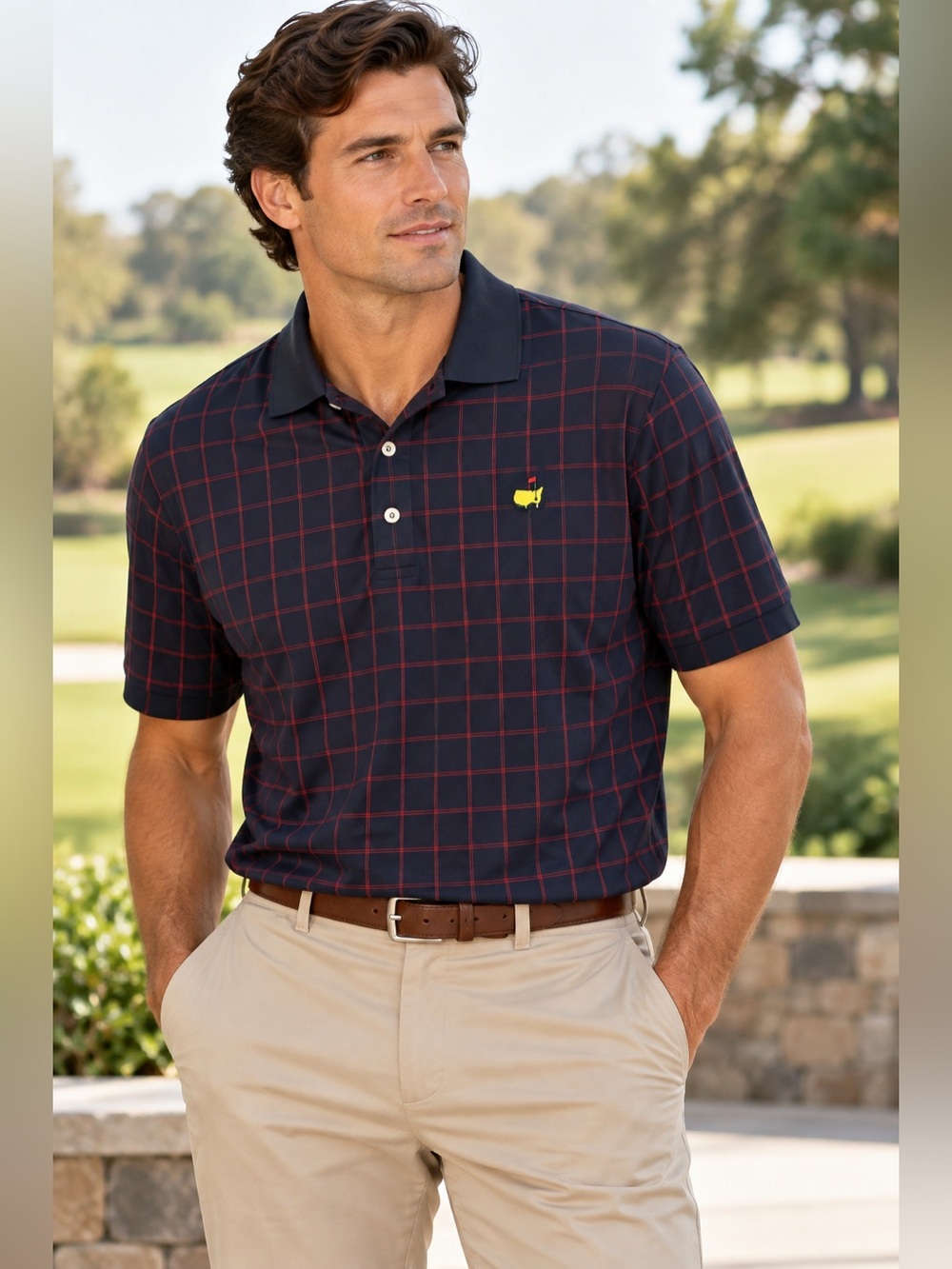 Masters Collection Golf Polo XL Navy  Red Windowpane Plaid